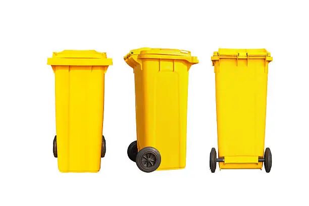 Isolated big yellow garbage bin or trash can and black wheels in three dimension with clipping path